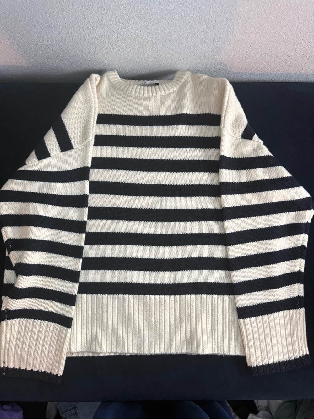 Zara Cream and Black Striped Knit Sweater